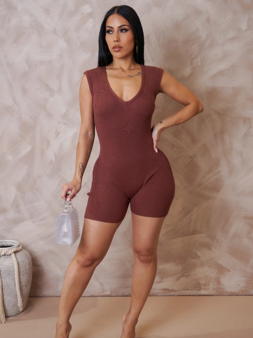 Brown V-Neck Sleeveless Romper